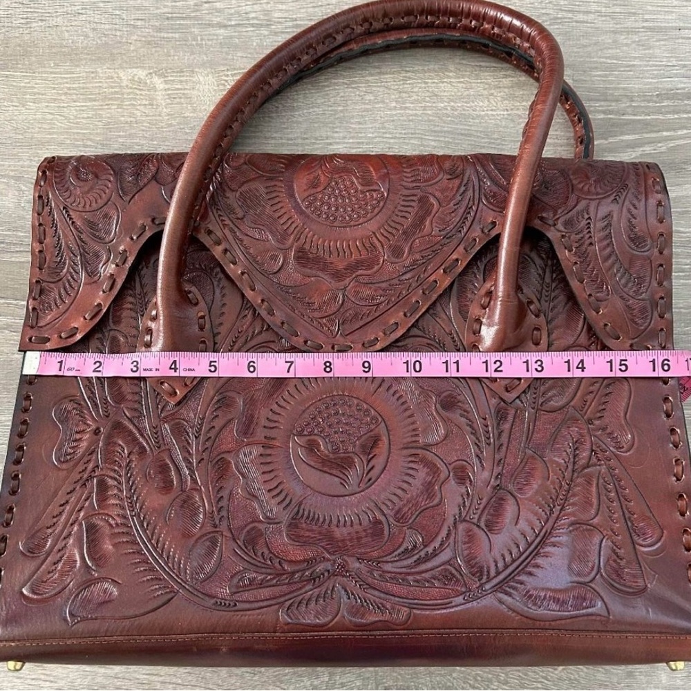 Large Top Handle Messenger Satchel Handtooled Leather Bag - Picture 4 of 12